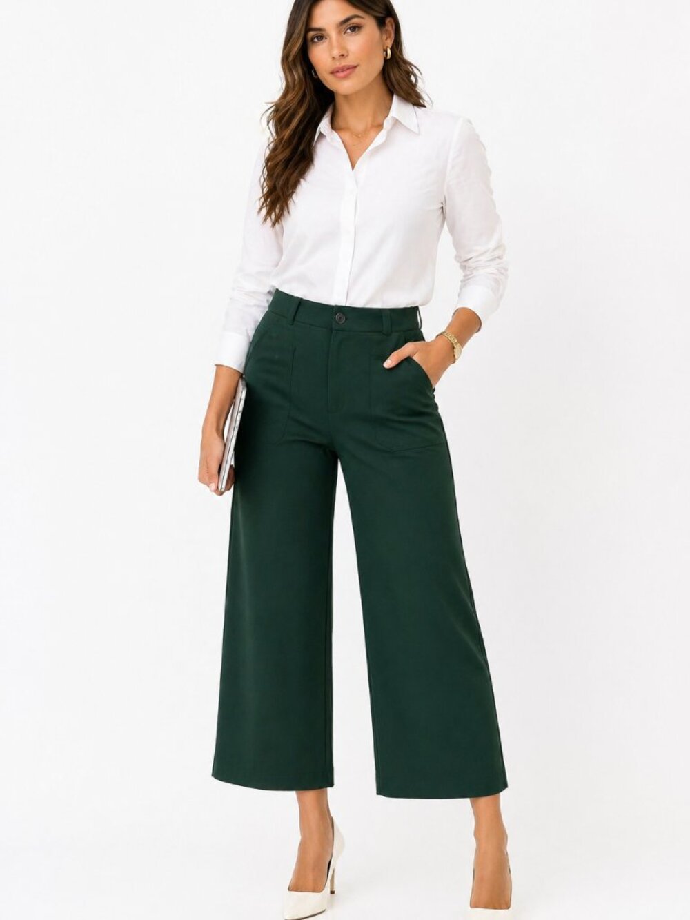Green Wide Leg Cropped Pants High Waist Chic Minimalist Size M